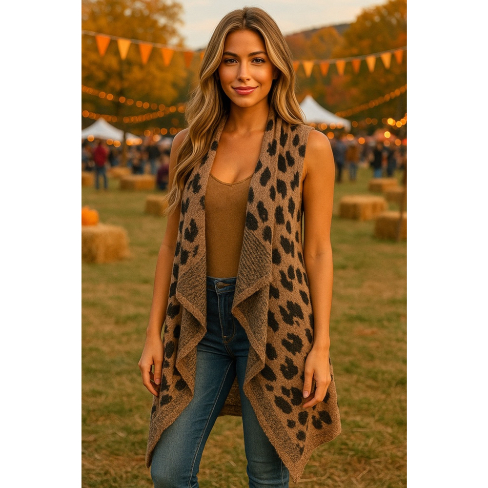 Leopard Print Waterfall Cardigan Vest Open Front Boho Buttery Soft M/L Festival